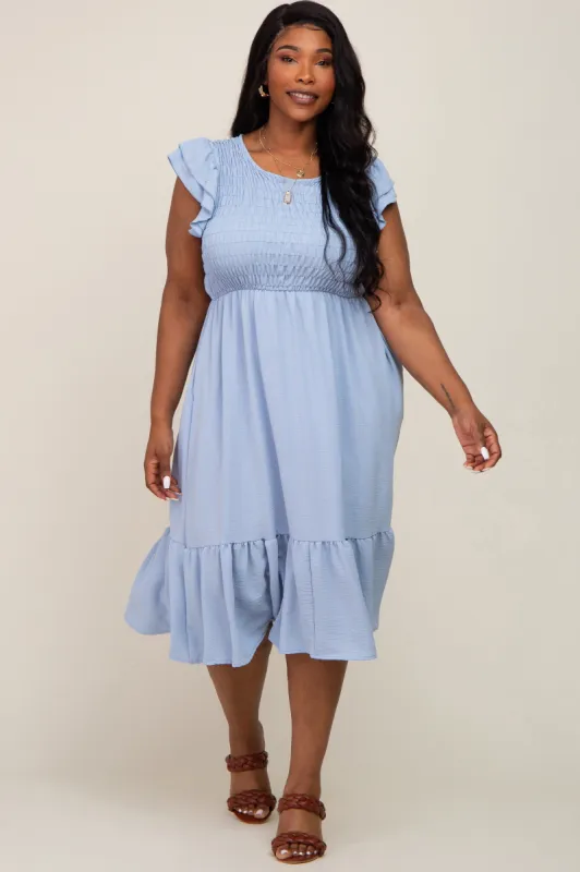 Light Blue Smocked Layered Ruffle Flutter Sleeve Plus Midi Dress sold by Pinkblush