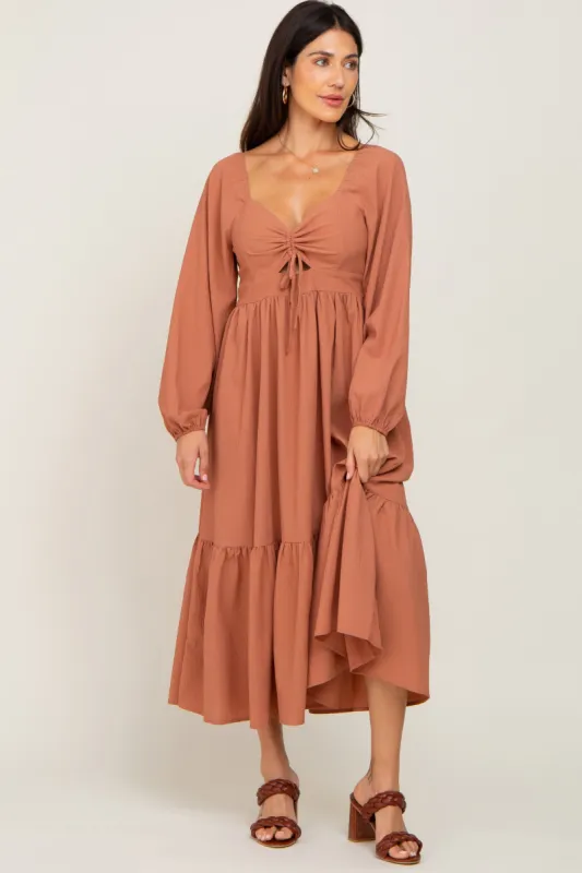 Camel Cinched Cutout Midi Dress sold by Pinkblush
