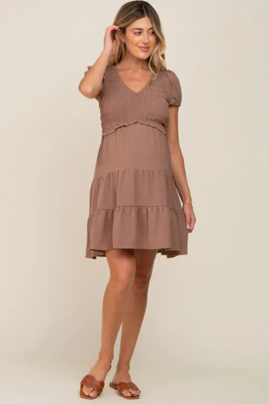Mocha Smocked Tiered Maternity Mini Dress sold by Pinkblush