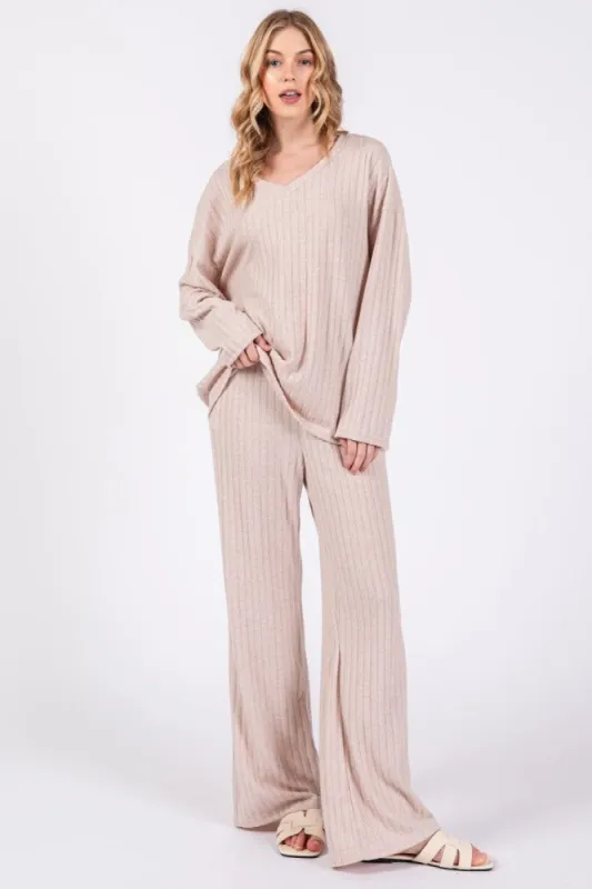 Taupe Ribbed Soft Knit Long Sleeve Pajama Set sold by Pinkblush
