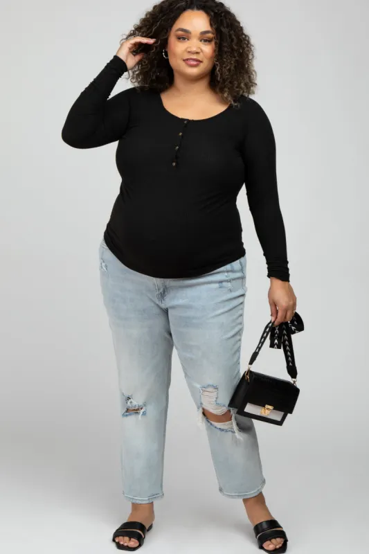 Light Blue Distressed Open Knee Maternity Plus Jeans sold by Pinkblush