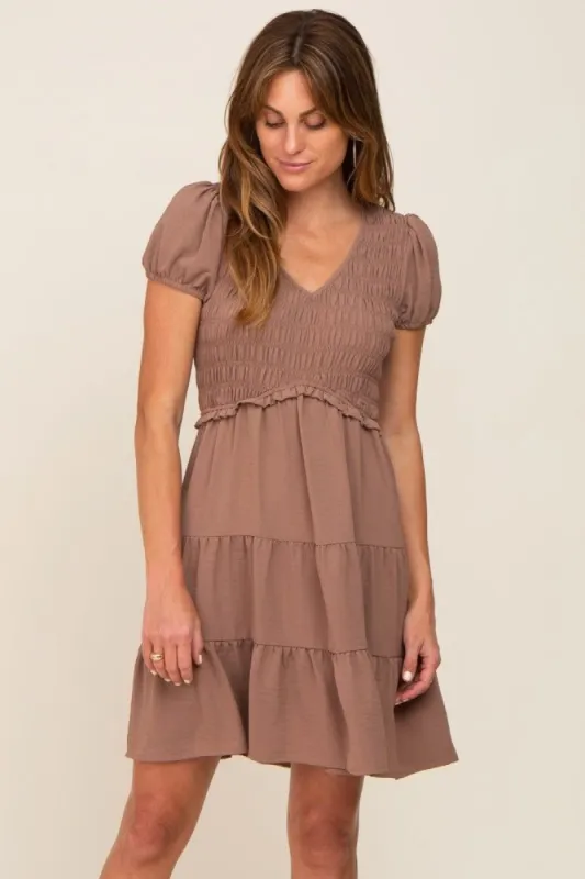 Mocha Smocked Tiered Mini Dress sold by Pinkblush