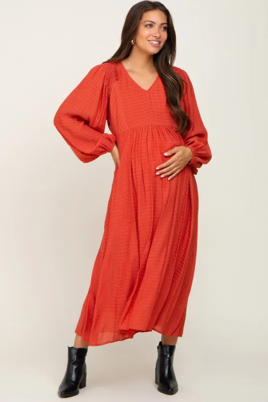 Rust V-Neck Smocked Accent Maternity Maxi Dress sold by Pinkblush