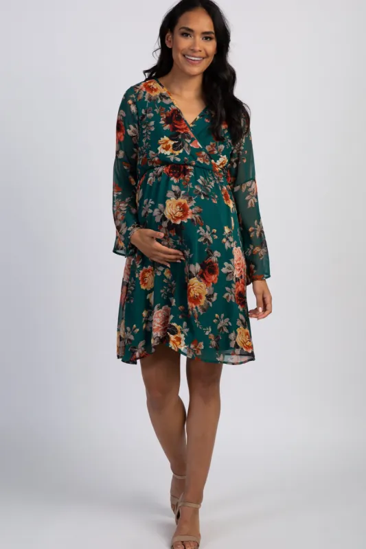 PinkBlush Forest Green Floral Chiffon Maternity Wrap Dress sold by Pinkblush