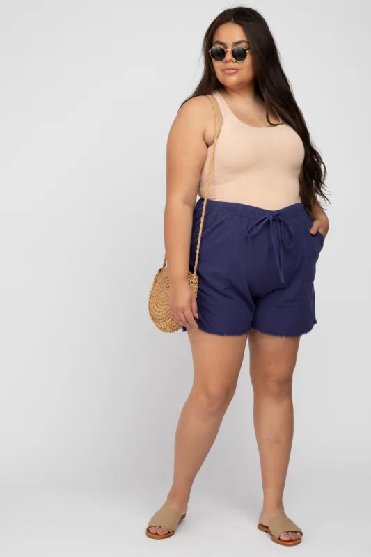 Navy Blue Linen Fringe Hem Drawstring Plus Shorts sold by Pinkblush