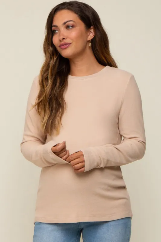 Beige Soft Knit Long Sleeve Maternity Top sold by Pinkblush