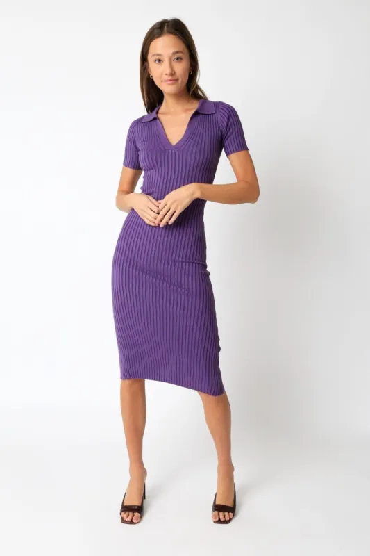 Purple Ribbed Collared V-Neck Midi Dress sold by Pinkblush