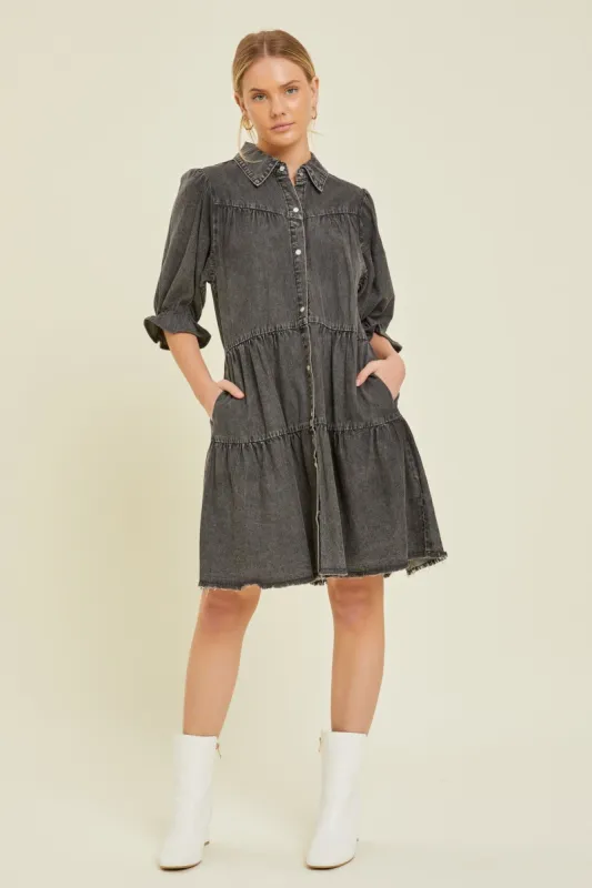 Black Chambray Tiered Shirt Dress sold by Pinkblush