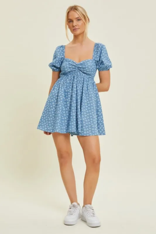 Denim Chambray Babydoll Romper sold by Pinkblush