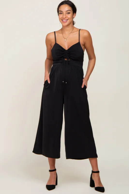 Black Sleeveless Ruched Drawstring Maternity Jumpsuit sold by Pinkblush