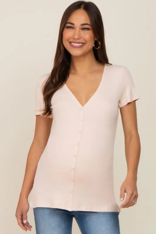 Beige Waffle Knit Front Button Accent Maternity Top sold by Pinkblush