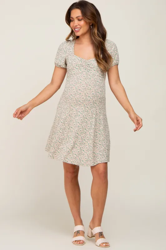 Beige Floral Criss Cross Back A-Line Maternity Dress sold by Pinkblush