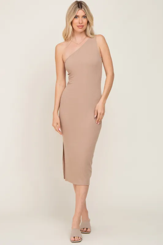 Mocha Ribbed One Shoulder Side Slit Midi Dress sold by Pinkblush