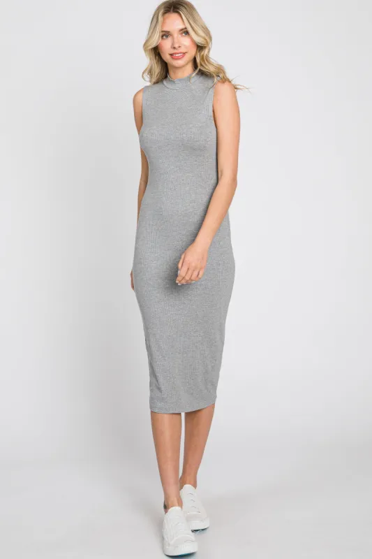 Heather Grey Ribbed Mock Neck Midi Dress sold by Pinkblush