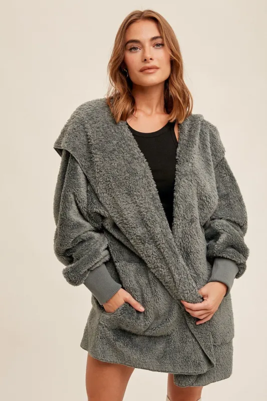 Teal Grey Fuzzy Hooded Long Sleeve Jacket sold by Pinkblush