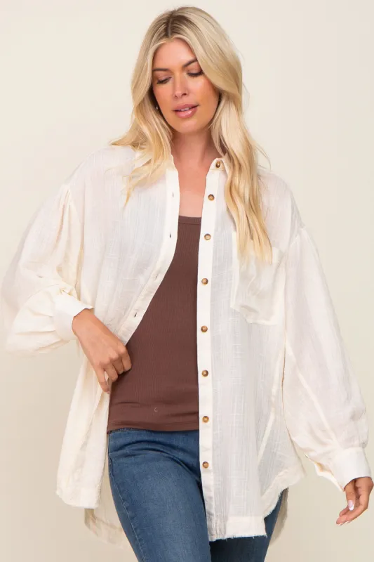 Beige Linen Collared Button Up Raw Edge Top sold by Pinkblush