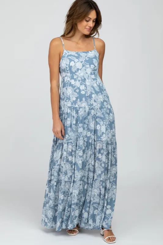 Blue Floral Square Neck Tiered Maxi Dress sold by Pinkblush