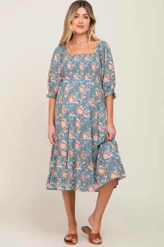 Jade Floral Smocked 3/4 Sleeve Maternity Midi Dress sold by Pinkblush