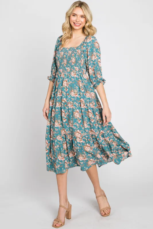 Jade Floral Smocked 3/4 Sleeve Midi Dress sold by Pinkblush