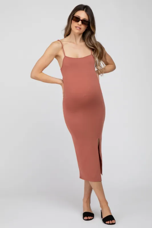 Rust Cutout Side Slit Maternity Midi Dress sold by Pinkblush