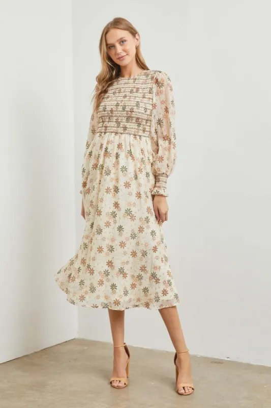Cream Bodice Smocking Midi Dress sold by Pinkblush