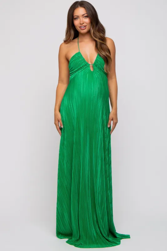 Green Plisse Halter Back Tie Maternity Maxi Dress sold by Pinkblush