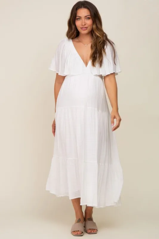 Ivory Textured Stripe Deep V-Neck Layered Sleeve Maternity Maxi Dress sold by Pinkblush