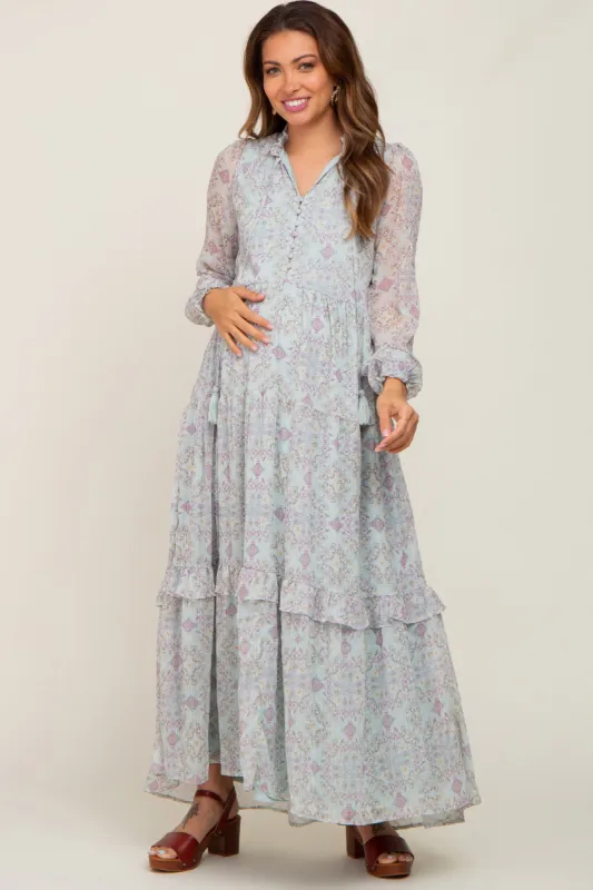 Mint Green Printed Long Sleeve Maternity Maxi Dress sold by Pinkblush