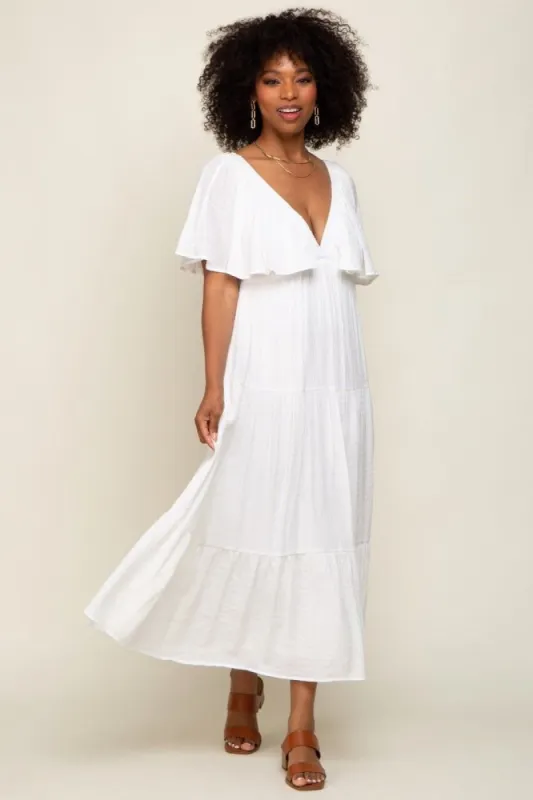 Ivory Textured Stripe Deep V-Neck Layered Sleeve Maxi Dress sold by Pinkblush