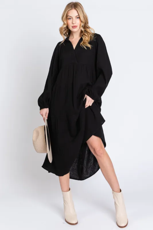 Black Light Weight Collared Tiered Midi Dress sold by Pinkblush