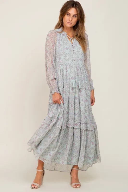 Mint Green Printed Long Sleeve Maxi Dress sold by Pinkblush