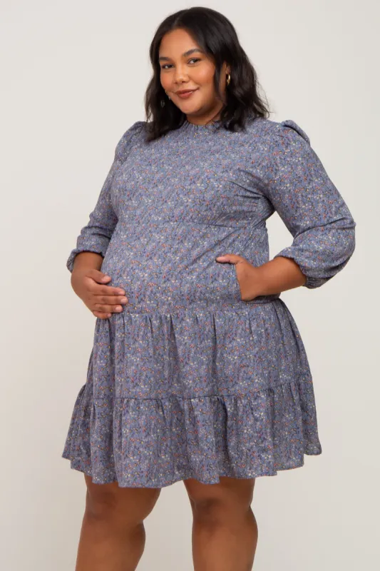Blue Floral Shirred Mock Neck Maternity Plus Dress sold by Pinkblush