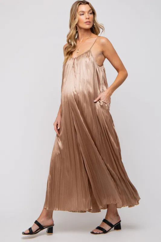 Mocha Pleated Wide Leg Sleeveless Maternity Jumpsuit sold by Pinkblush