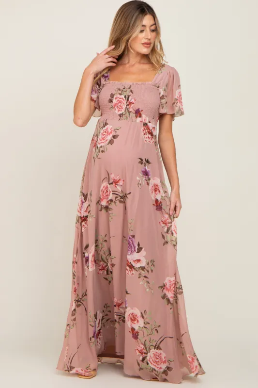 Mauve Floral Chiffon Smocked Maternity Maxi Dress sold by Pinkblush
