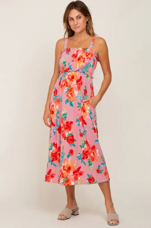 Pink Floral Square Neck Ruffle Midi Dress sold by Pinkblush