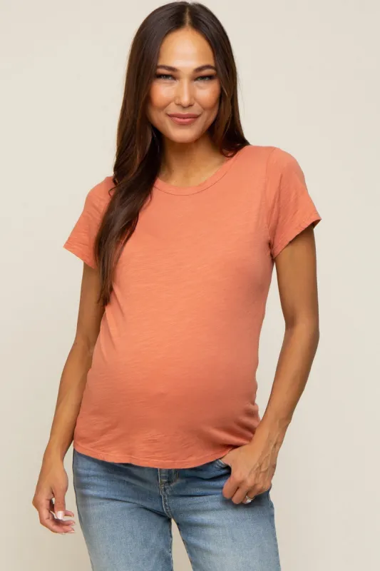 Salmon Slub Knit Cropped Maternity T-Shirt sold by Pinkblush