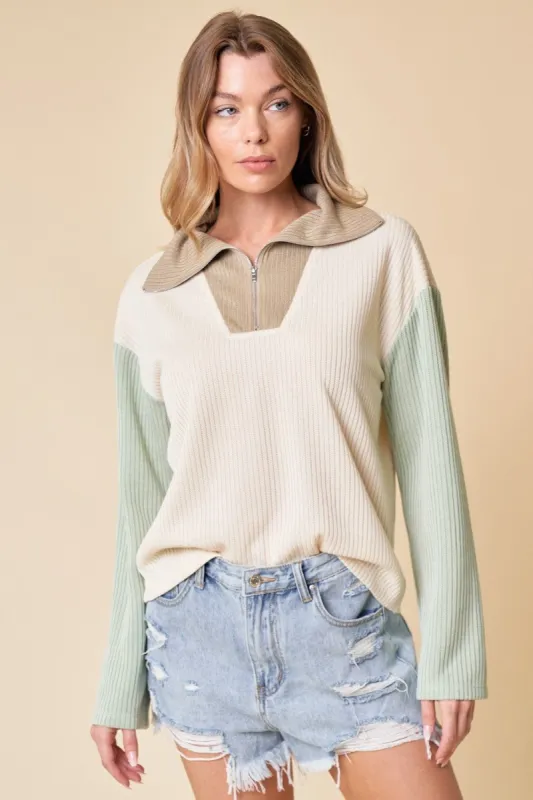 Tan Funnel Neck Half Zip-Up Colorblock Top made by Pinkblush