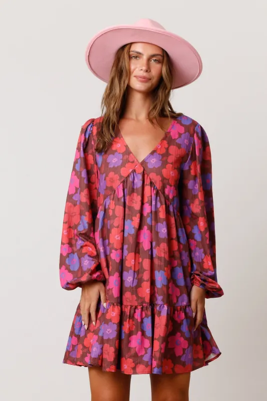 Brown Floral V-Neck Long Sleeve Dress sold by Pinkblush