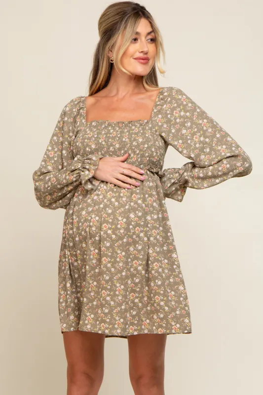 Light Olive Floral Smocked Lace Up Back Maternity Dress sold by Pinkblush