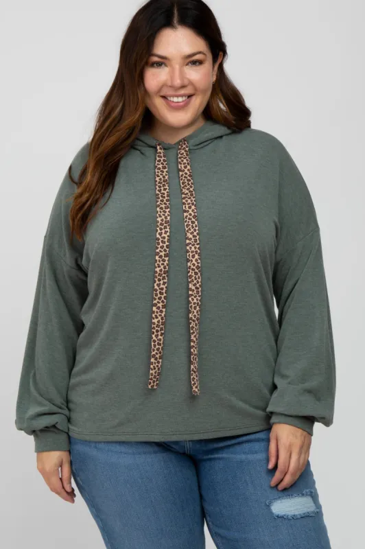 Olive Animal Print Drawstring Plus Hooded Top sold by Pinkblush