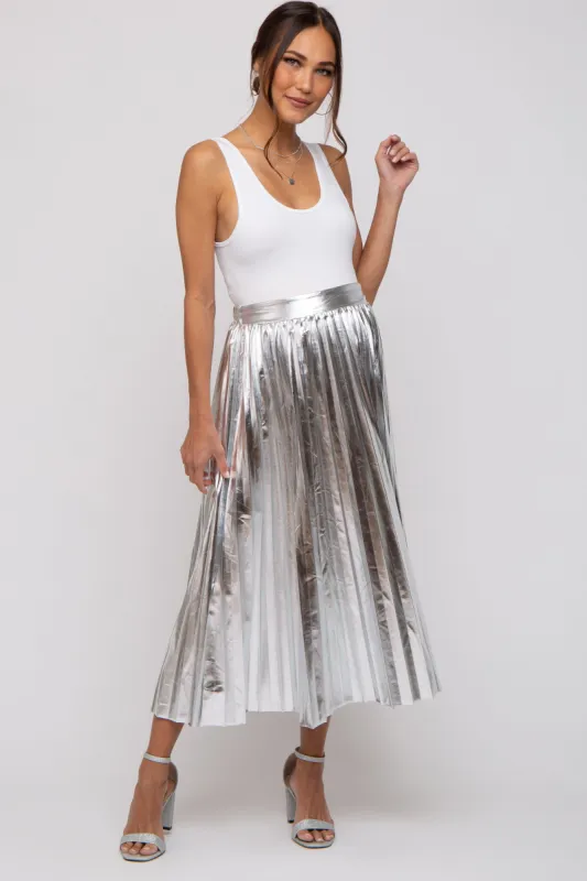 Silver Metallic Pleated Maternity Midi Skirt sold by Pinkblush