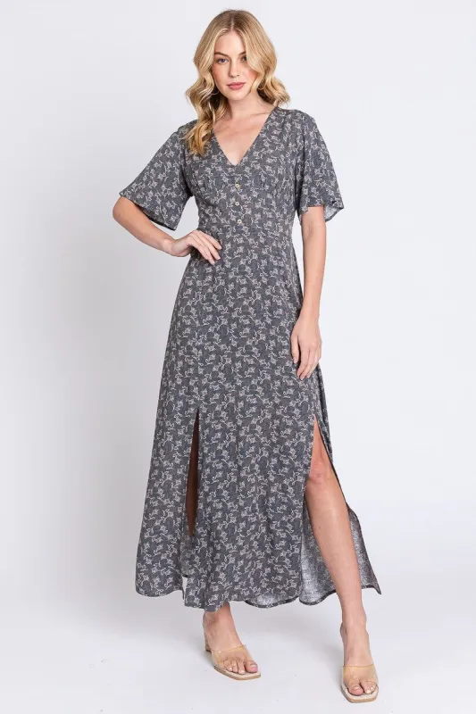 Grey Combo Print Button Detail Maxi Dress sold by Pinkblush