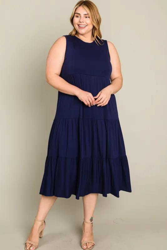 Navy Tiered Sleeveless Plus Midi Dress sold by Pinkblush