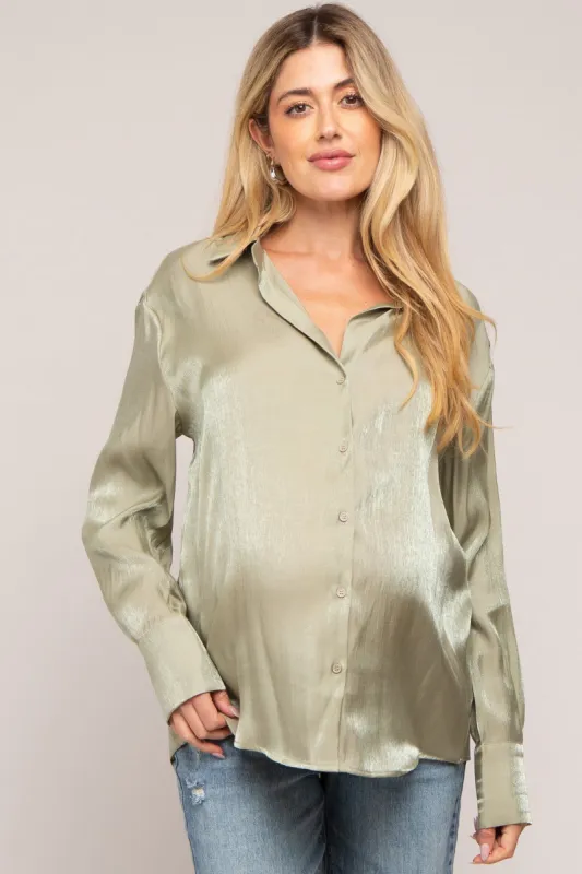 Light Olive Shimmer Satin Button Up Long Sleeve Maternity Blouse sold by Pinkblush