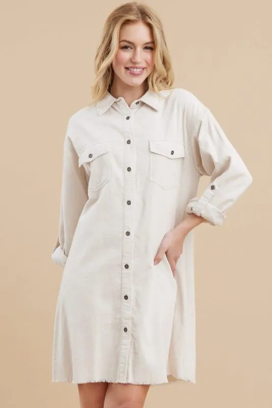 Cream Corduroy Button Front Fringe Hem Dress sold by Pinkblush