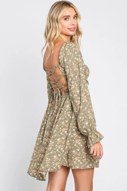Light Olive Floral Smocked Lace Up Back Dress sold by Pinkblush