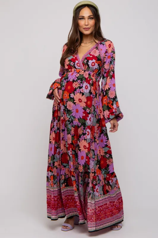 Black Floral Long Sleeve Tiered Maternity Maxi Dress sold by Pinkblush
