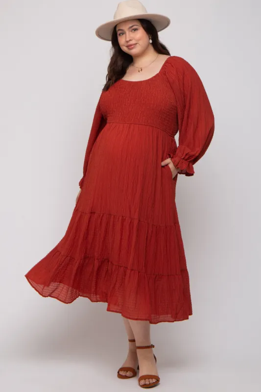 Rust Textured Stripe Smocked Square Neck Maternity Plus Midi Dress sold by Pinkblush