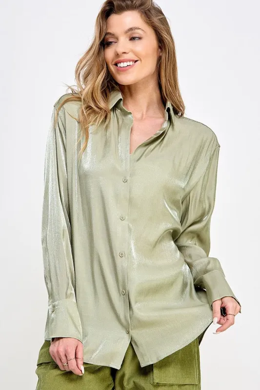 Light Olive Shimmer Satin Button Up Long Sleeve Blouse made by Pinkblush