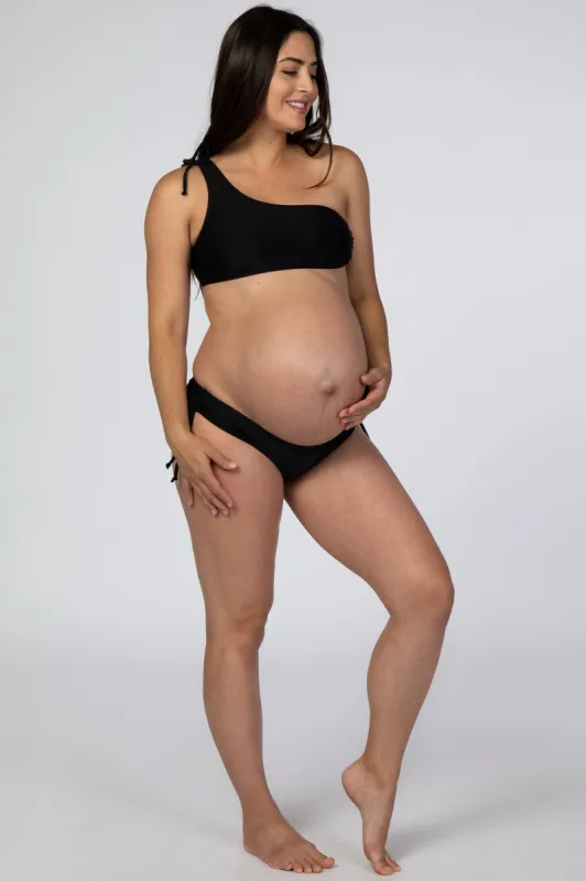 Black Off Shoulder Tie Detail Maternity Bikini Set sold by Pinkblush